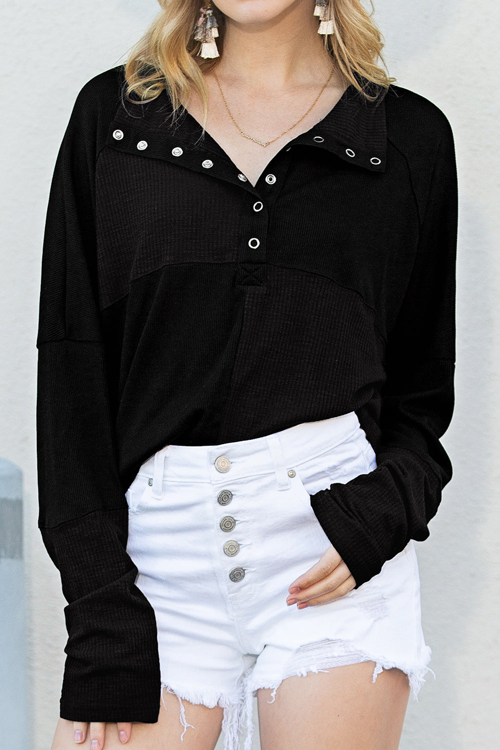 Black Ribbed Knit Drop Sleeve Collared Henley Sweater