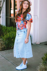 Orange Floral Print Ruched Puff Sleeve V Neck Blouse