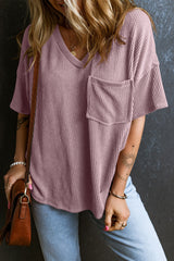 Valerian Ribbed V Neck Pocket Drop Sleeve T-Shirt