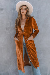 Brown Casual Velvet Lapel Pocket Long Coat