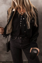 Black Fleece Lined Button-up Collared Crop Jacket