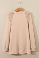 Beige Plus Size Lace Patchwork Buttons Waffle Knit Top