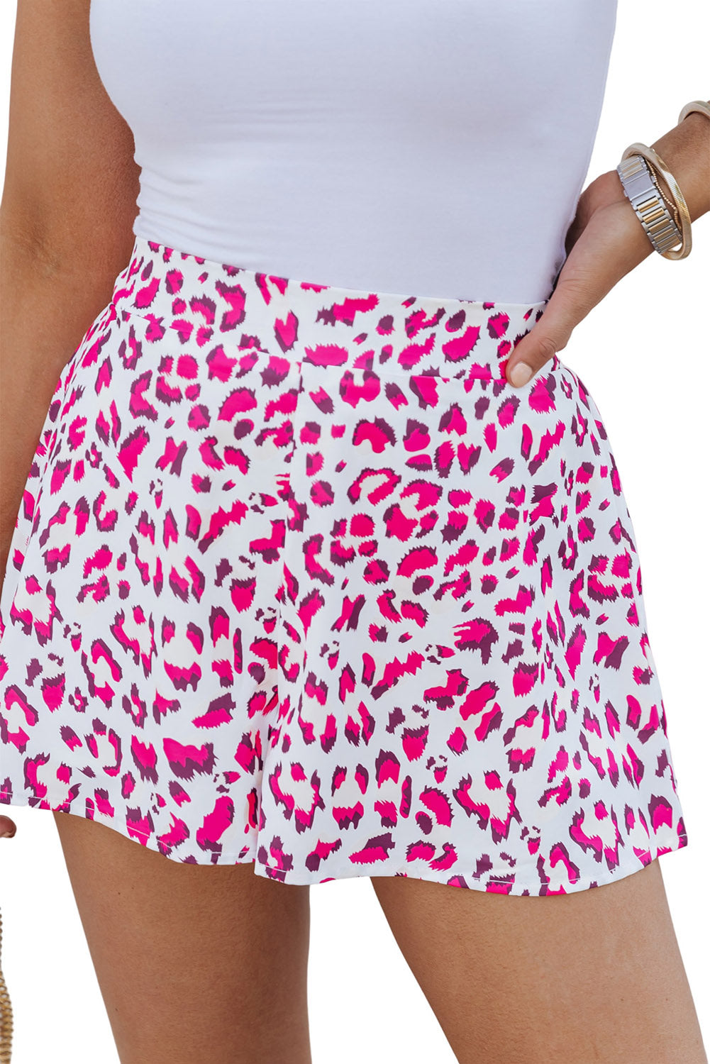 Rose Casual Leopard Print Flutter Flared Shorts