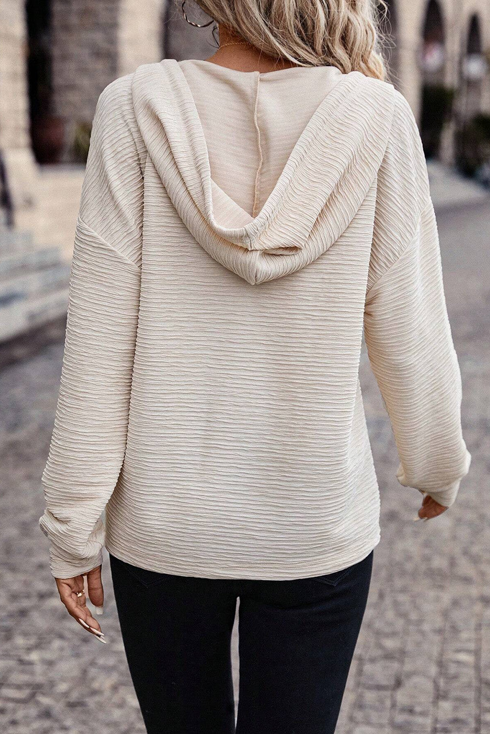 Apricot Solid Color Textured Drawstring Henley Hoodie