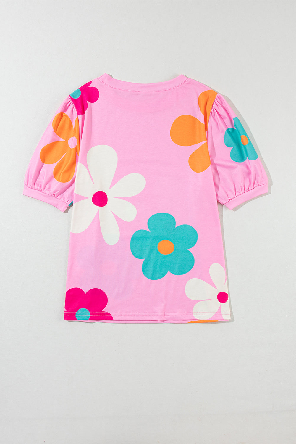 Pink Colorful Flower Print Bubble Sleeve Tee