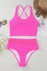 Rose Scalloped Sleeveless High Waisted Two Piece Swimsuit