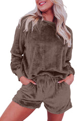 Coffee Solid Loose Fit High Waist Fleece Loungewear Set