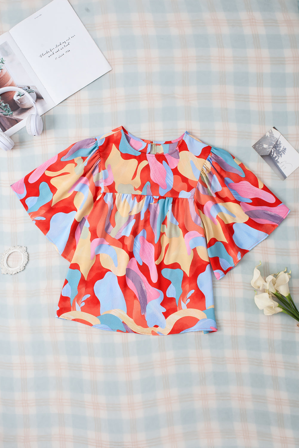 Multicolor Abstract Print Flounce Sleeve Blouse