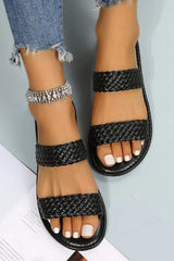 Black Braided Double Band Leather Flat Slides Shoes