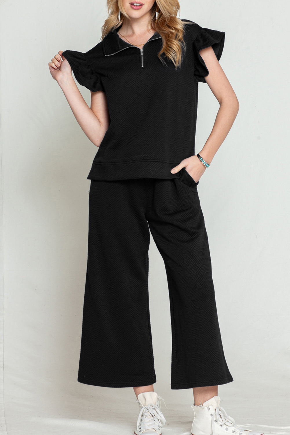 Black Textured Ruffle Cap Sleeve Top and Wide Leg Pants Set