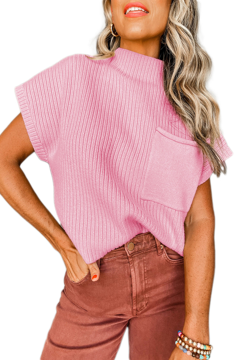 Wholesale Pink Patch Pocket Ribbed Knit Short Sleeve Sweater