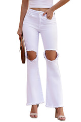 White Casual Ripped Raw Hem Flare Jeans