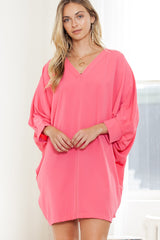 Strawberry Pink Solid Color V Neck 3/4 Sleeve Dress