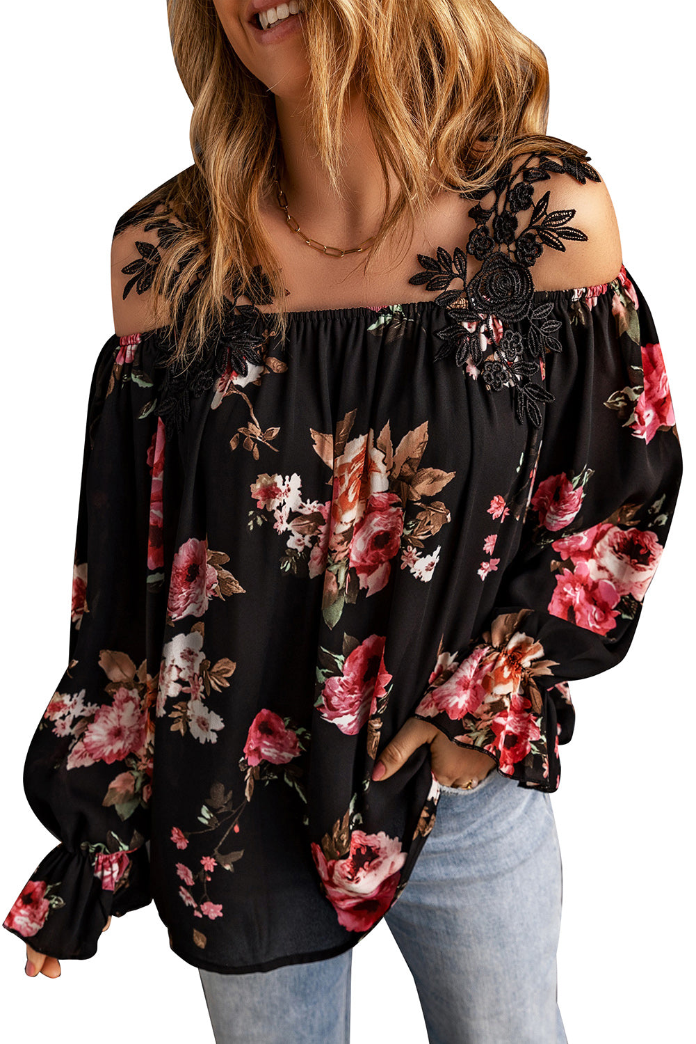 Black Floral Print Lace Loose Off Shoulder Blouse