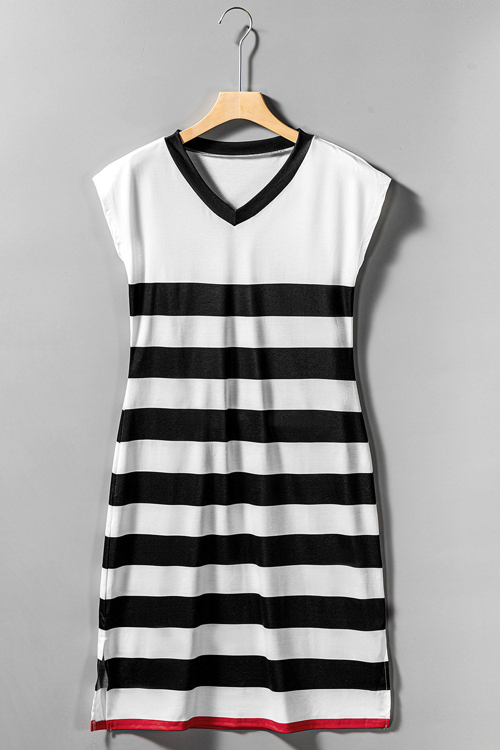 Stripe Casual V Neck Cap Sleeve Midi Dress