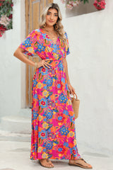 Rose Boho Abstract Print V Neck Short Sleeve Maxi Wrap Dress