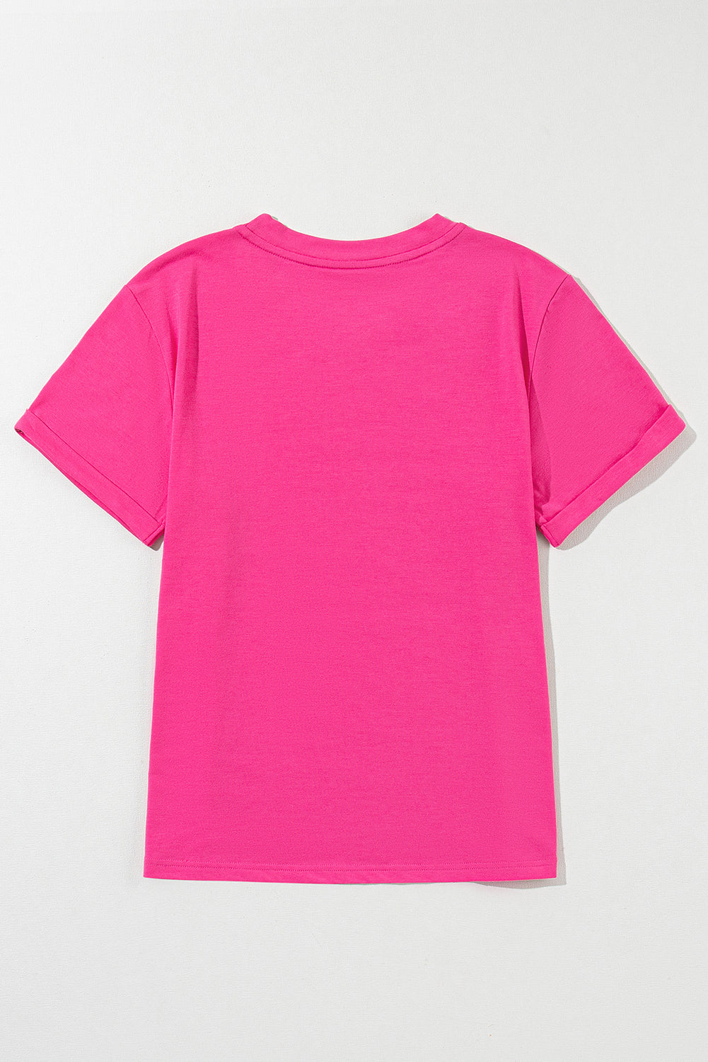 Rose Red Solid Color Crew Neck Roll Up Sleeve Tee