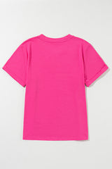 Rose Red Solid Color Crew Neck Roll Up Sleeve Tee