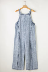 Blue Light Wash Frayed Exposed Seam Wide Leg Denim Overalls