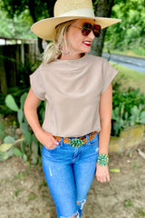 Oatmeal Solid Color Short Sleeve Zip Back Blouse