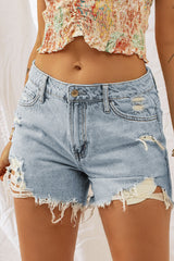 Light Blue Distressed Washed Raw Hem Denim Shorts