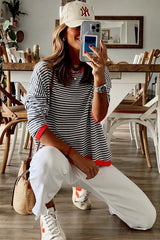 Striped Print Trim Drop Sleeve Knit Pullover Sweater