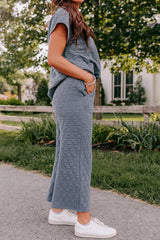 Blue Quilted Textured Short Sleeve Top and Wide Leg Pants Set