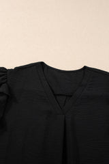 Black Solid Color V Neck Ruffle Short Sleeve Blouse