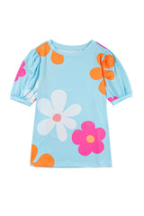 Sky Blue Colorful Flower Print Bubble Sleeve Tee