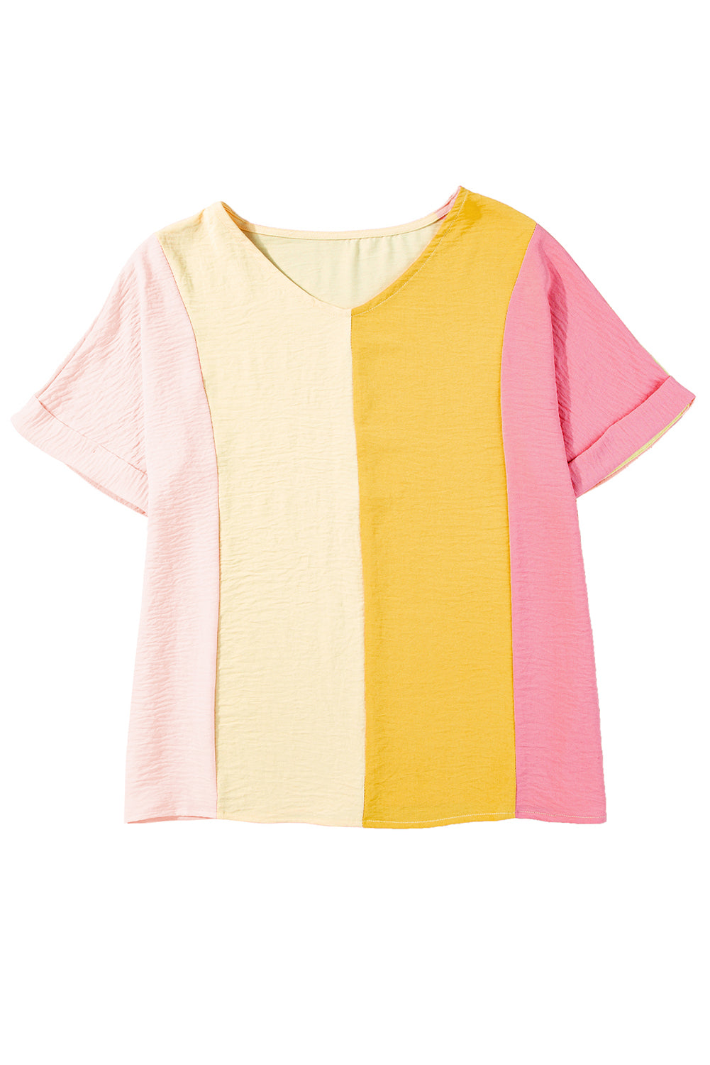 Apricot Colorblock Patchwork V-Neck Crinkled Blouse