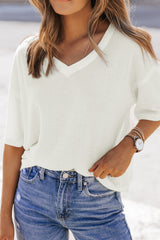 White Waffle Knit Casual Drop Shoulder Loose Top