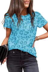 Sky Blue Casual Leopard Crew Neck Short Sleeve T Shirt