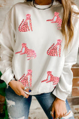 Beige Sequin Cheetah Graphic O Neck Drop Shoulder Sweatshirt