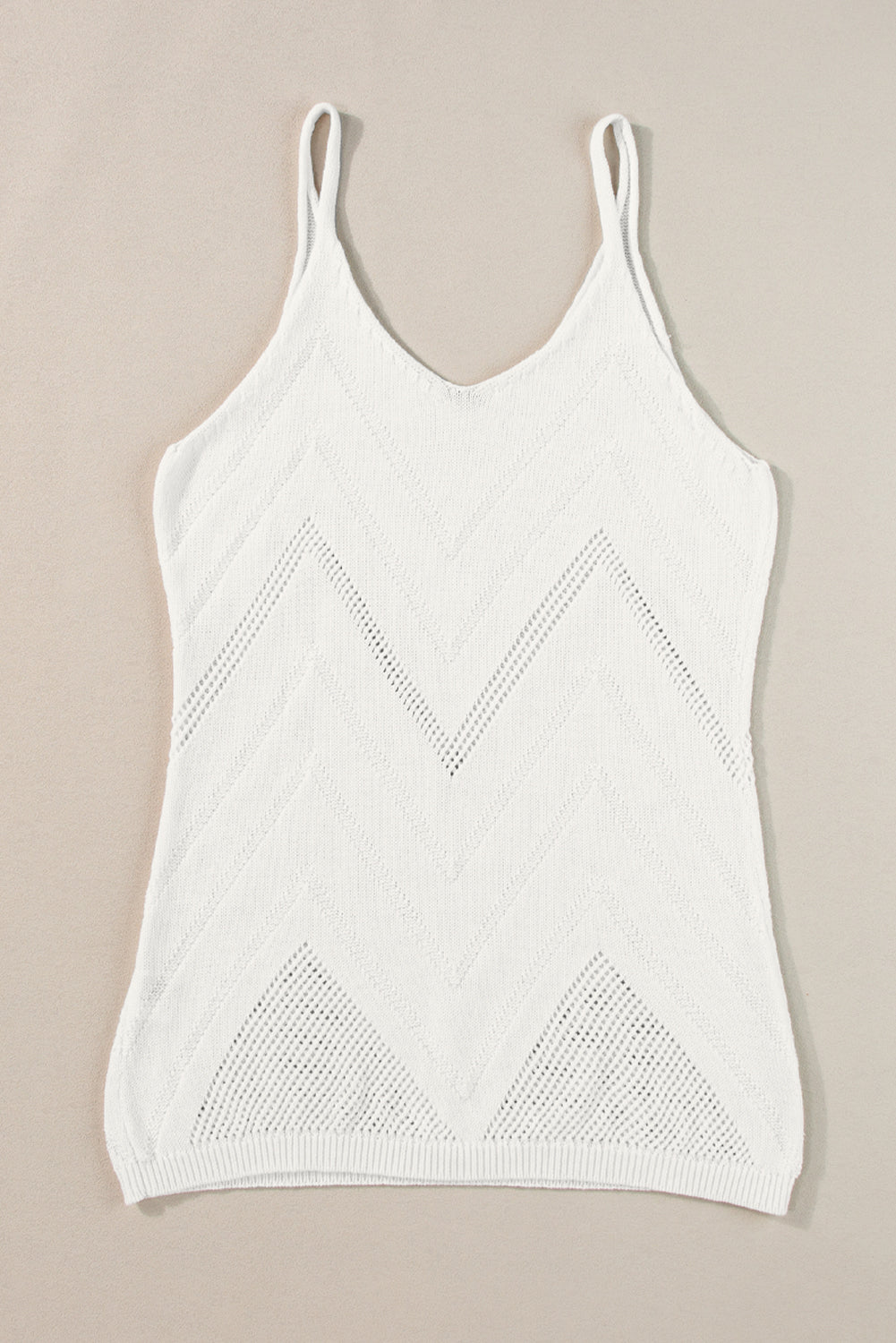 White Chevron Pointelle Knit V Neck Cami Top