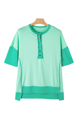 Bright Green Contrast Color Patchwork Oversized Henley T Shirt