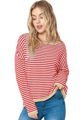 Fiery Red Striped Colorblock Trim Knit Pullover Sweater