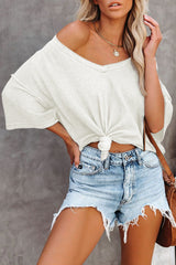 White Waffle Knit Casual Drop Shoulder Loose Top