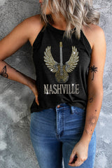 Black Rhinestone Guitar NASHVILLE Graphic Tank Top