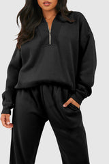 Black Plain Half Zip V Neck Top & Ribbed Edge Loose Pants Sets