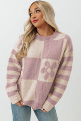 Purple 60s Floral Checkered and Striped Knitted Sweater