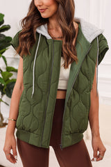 Jungle Green Quilted Drawstring Hooded Zip Up Puffer Vest