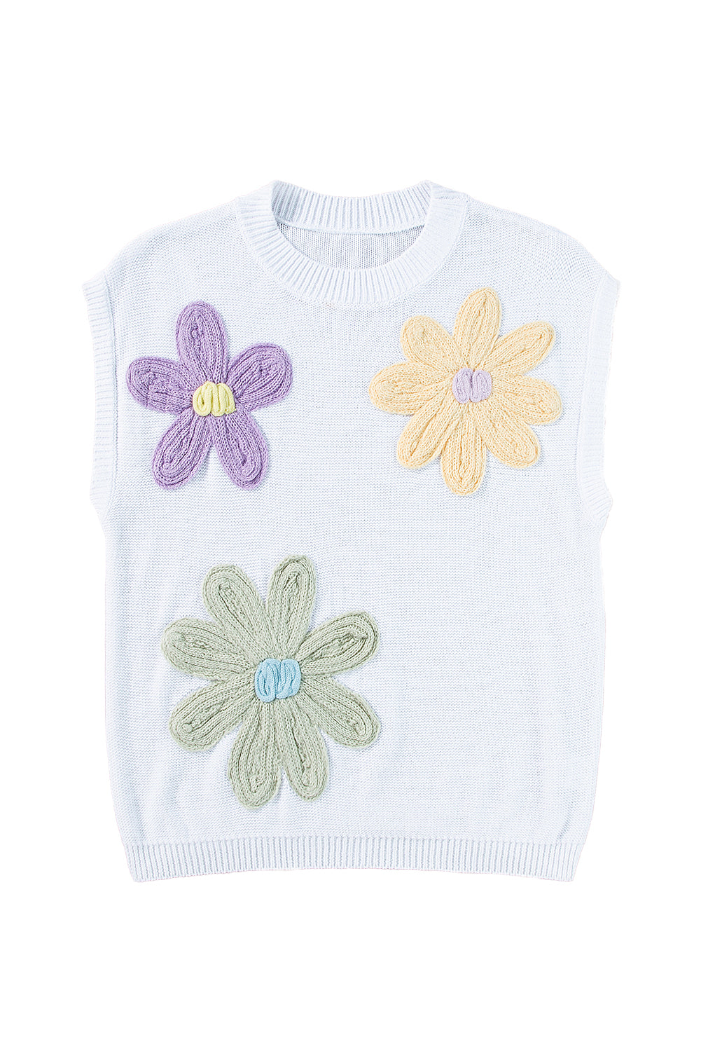 White Flower Patch Knit Round Neck Tee