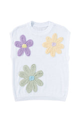 White Flower Patch Knit Round Neck Tee