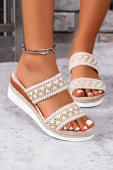 Beige Woven Double Wide Band Thick Sole Wedge Heel Slides Shoes