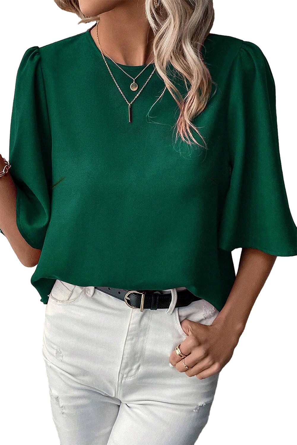 Blackish Green Solid Color Keyhole Back Puff Sleeve Blouse