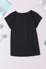 Black Lace Sleeve Keyhole Smocked Detail Blouse