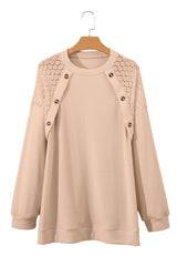 Beige Plus Size Lace Patchwork Buttons Waffle Knit Top