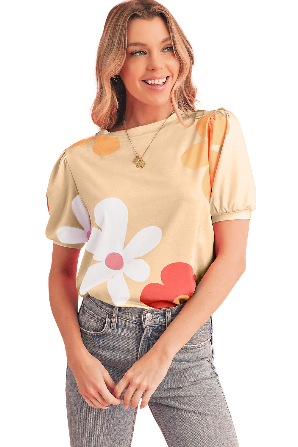 Apricot Colorful Flower Print Bubble Sleeve Tee