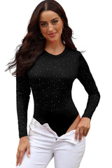 Black Rhinestone Casual Slim Fit Long Sleeve Bodysuit