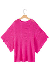 Rose Red Pointelle Knit Scallop Edge Short Sleeve Knit Top